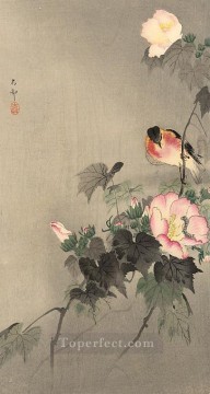  hat - stonechat and blossoming flower Ohara Koson birds